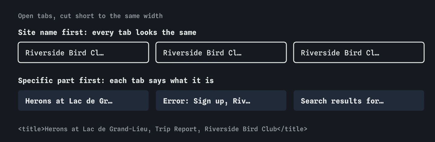 Browser tabs cut short. Titles starting with Riverside Bird Club all look identical. Titles starting with the specific part, such as Herons at Lac de Grand-Lieu, Error: Sign up, and Search results, stay distinct.