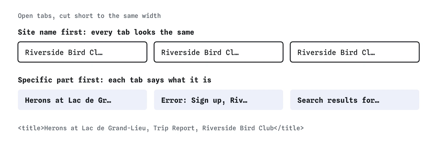Browser tabs cut short. Titles starting with Riverside Bird Club all look identical. Titles starting with the specific part, such as Herons at Lac de Grand-Lieu, Error: Sign up, and Search results, stay distinct.