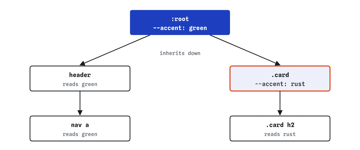 Element tree showing --accent set on :root flowing down to every element, while a card overrides it for itself and its children only
