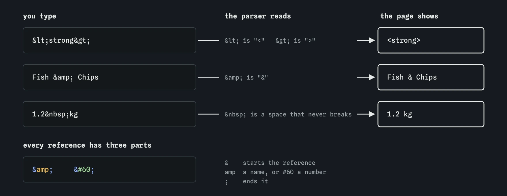 Three rows show what you type and what the page shows: <strong> becomes <strong>, Fish & Chips becomes Fish & Chips, and 1.2 kg becomes 1.2 kg on one line. Every reference starts with & and ends with a semicolon.