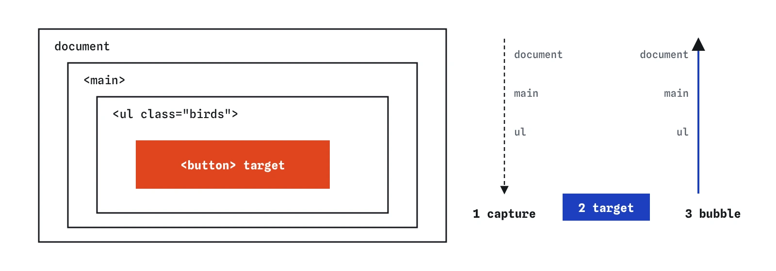 A click on a button travels down from document through main and the list to the button in the capture phase, reaches the target, then bubbles back up through the list and main to document.