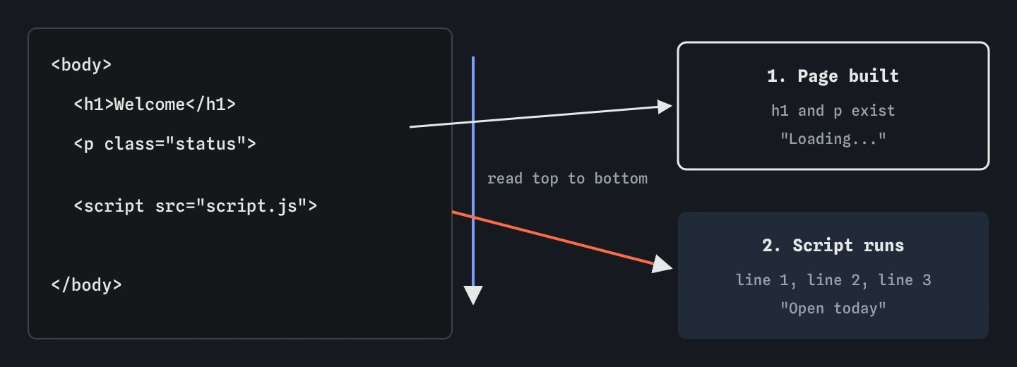 The browser reads the HTML from top to bottom, builds the page, then reaches the script tag at the end of body and runs it line by line, changing the page.