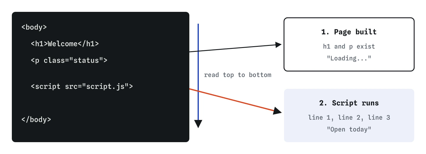 The browser reads the HTML from top to bottom, builds the page, then reaches the script tag at the end of body and runs it line by line, changing the page.