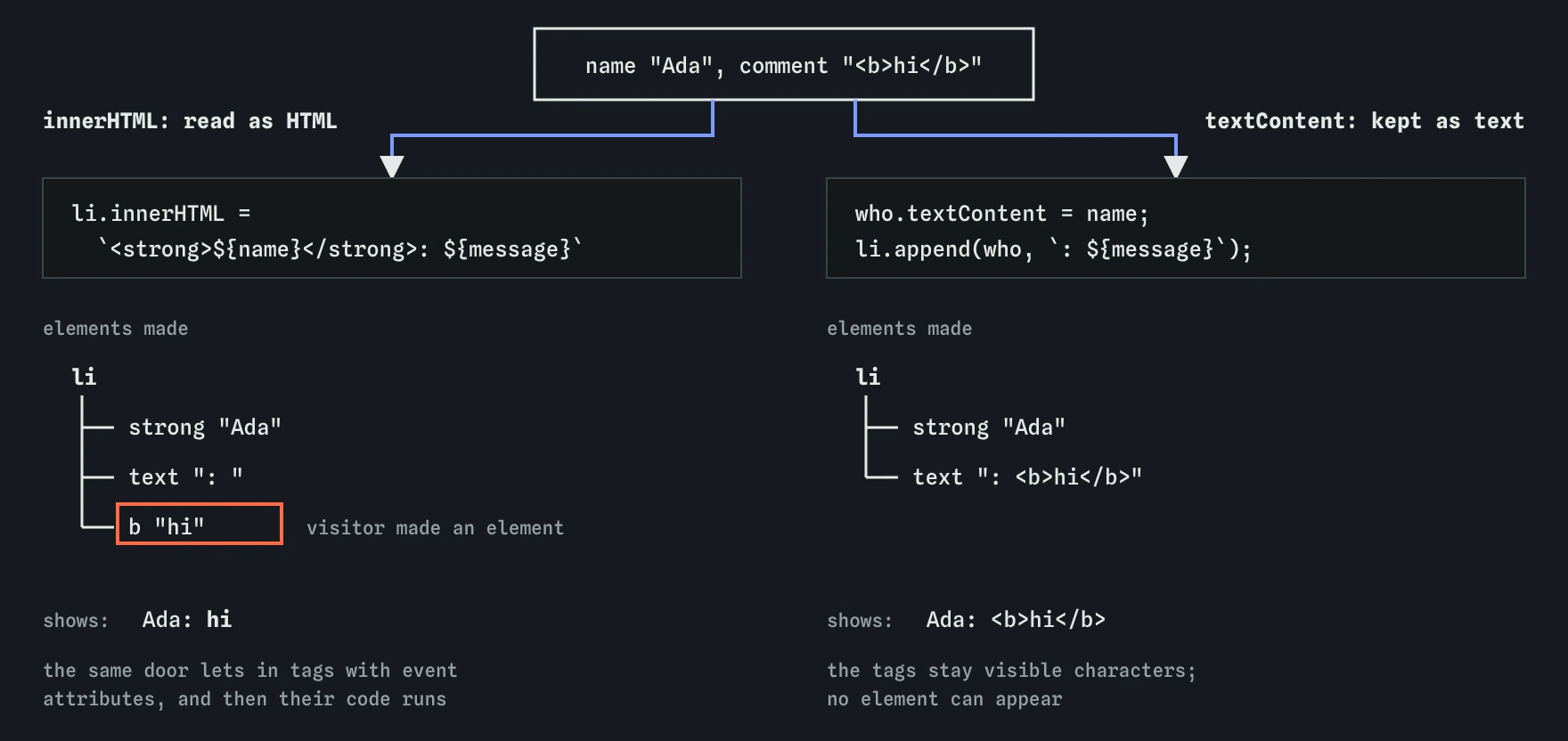 The same bird club comment, Ada with <b>hi</b>, handled two ways. With innerHTML the visitor text becomes a real b element and shows bold. With textContent and append it stays plain text and shows the tags.