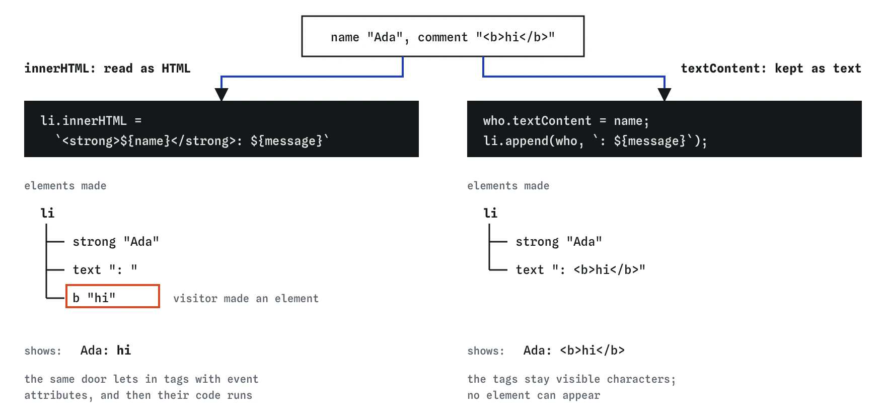 The same bird club comment, Ada with <b>hi</b>, handled two ways. With innerHTML the visitor text becomes a real b element and shows bold. With textContent and append it stays plain text and shows the tags.