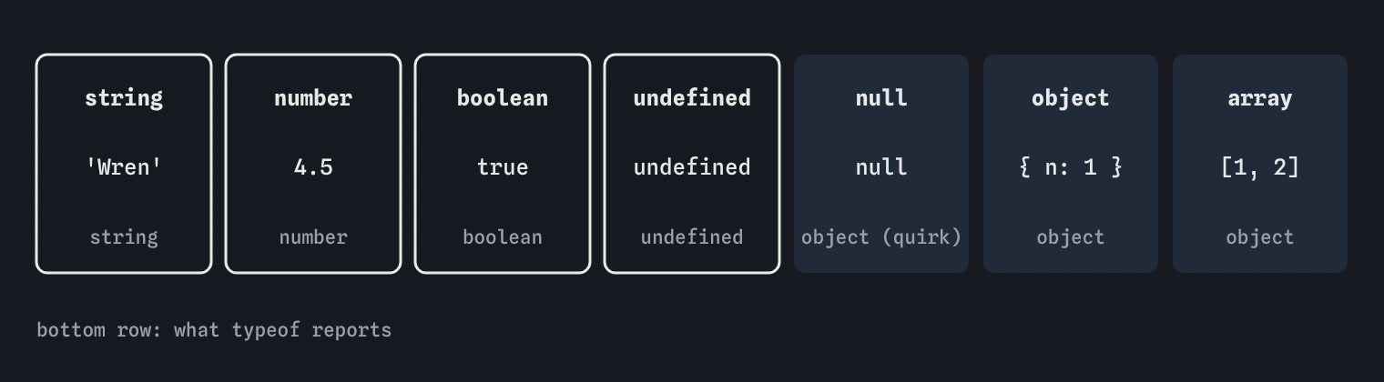 Seven JavaScript types with an example and the typeof result for each: string, number, boolean, undefined, null which reports object, object and array which reports object.