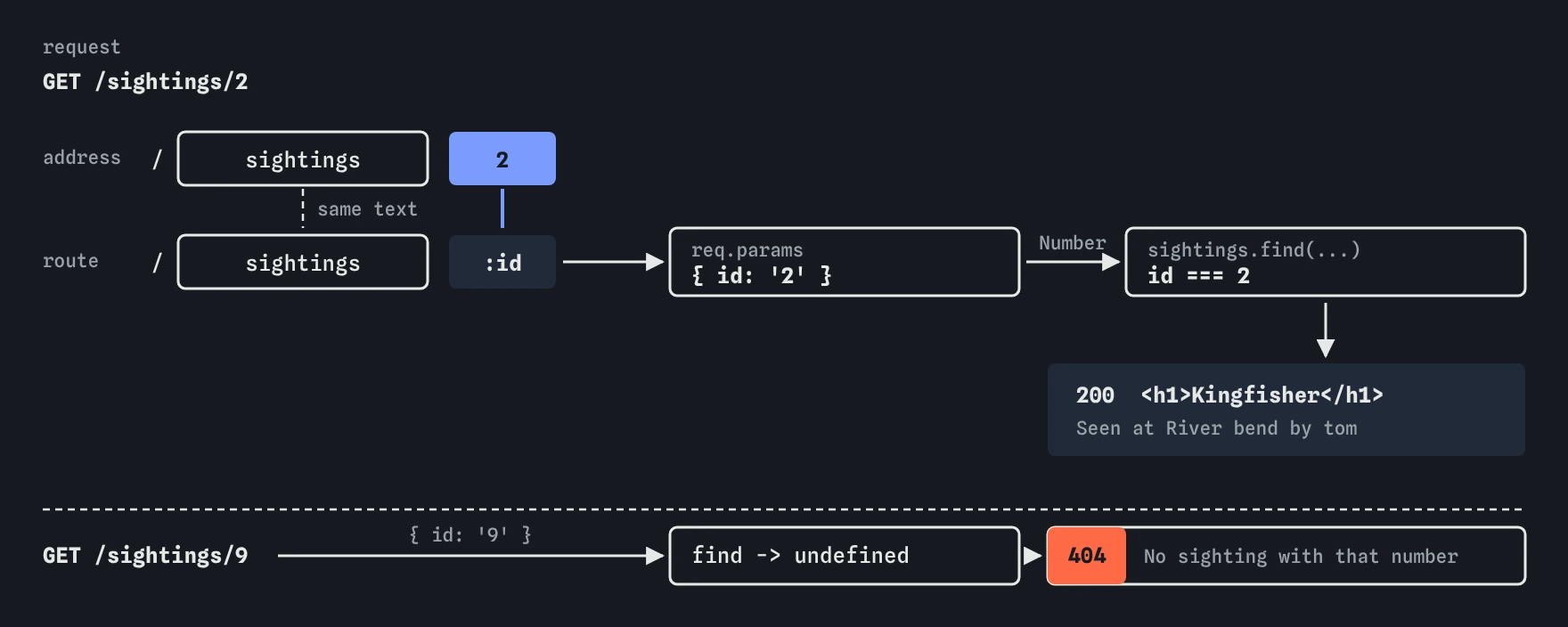 The address GET /sightings/2 lines up with the route pattern /sightings/:id, so req.params becomes { id: '2' }. Number turns it into 2, find picks Kingfisher. GET /sightings/9 finds nothing and gets a 404.