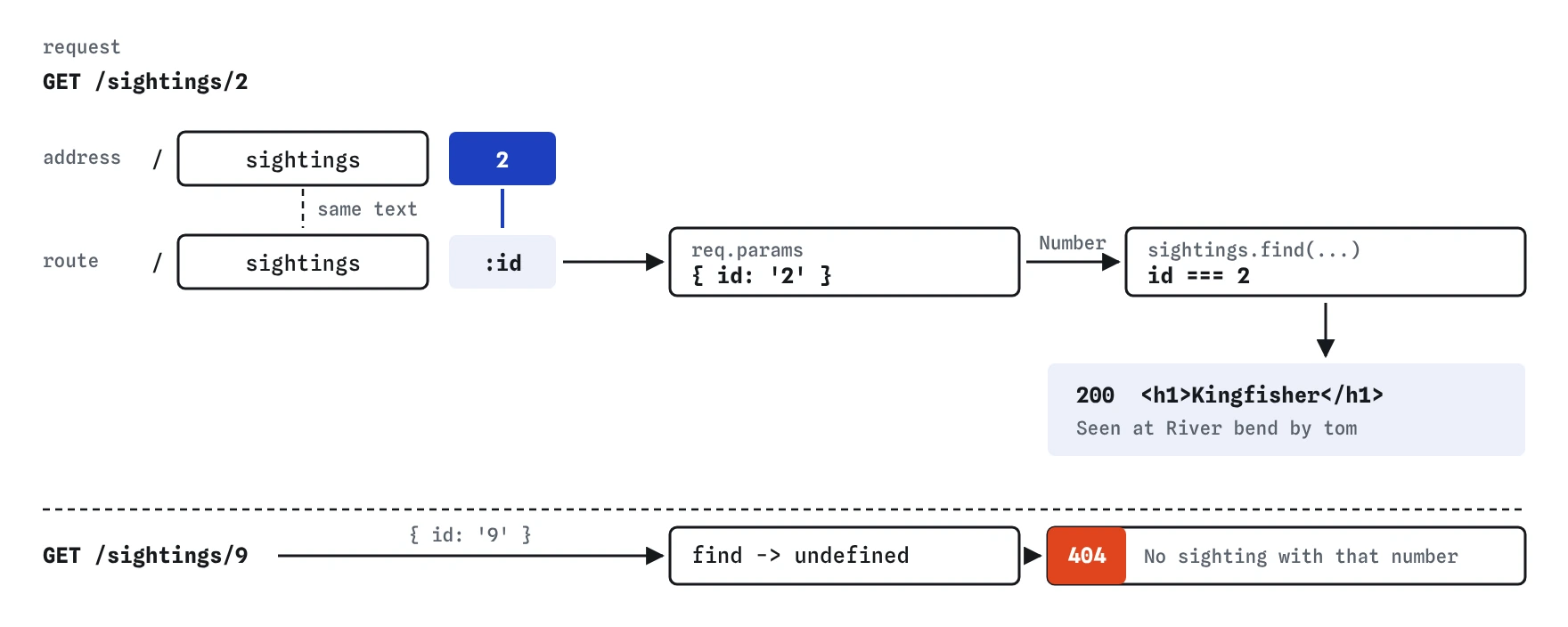 The address GET /sightings/2 lines up with the route pattern /sightings/:id, so req.params becomes { id: '2' }. Number turns it into 2, find picks Kingfisher. GET /sightings/9 finds nothing and gets a 404.